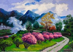 Contemporary French Impressionist Oil Pink Blossom in French Mountain Landscape