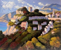 Contemporary French Impressionist Oil Pink Houses Scattered on Green Cliffs