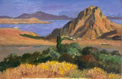 Huile impressionniste française contemporaine paysage de montagne mer et ciel pourpre 