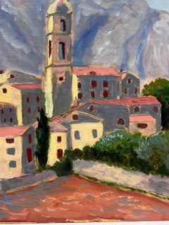 Paisaje de pueblo contemporáneo impresionista francés al óleo Tejado rojo Campanario