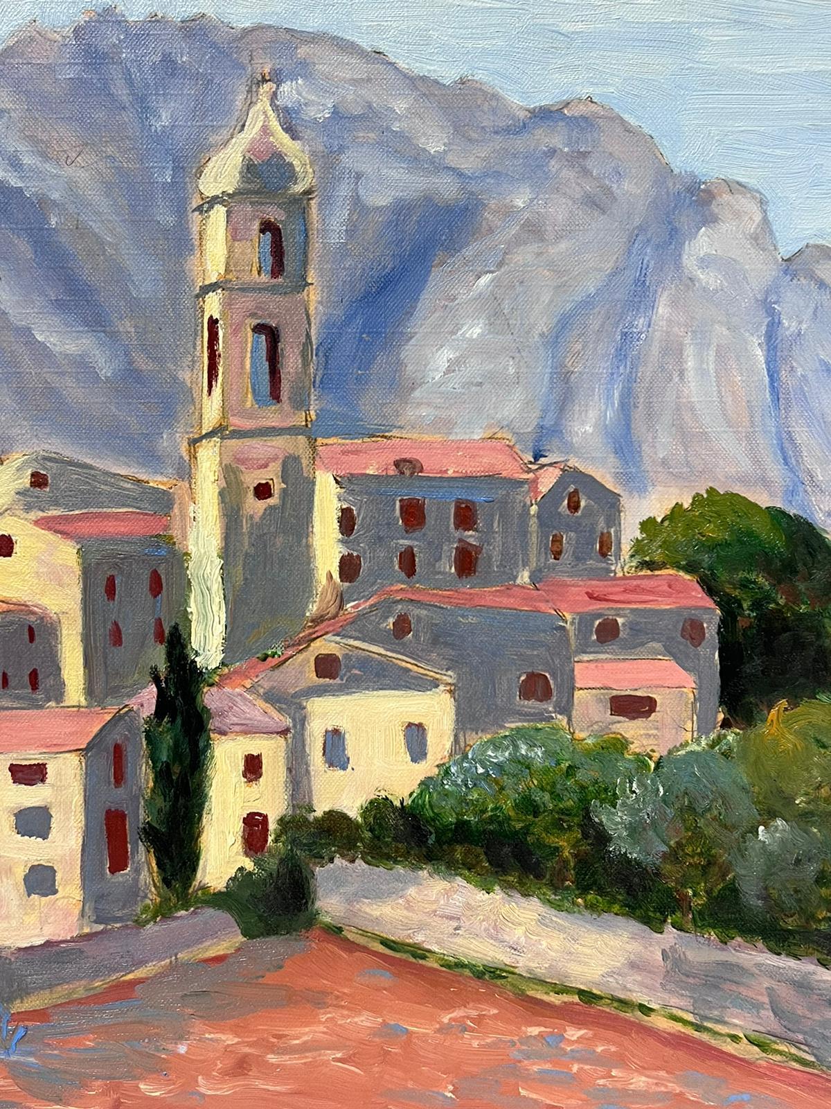 Contemporary French Impressionist Oil Red Roof Bell Tower Village Landscape  For Sale 1