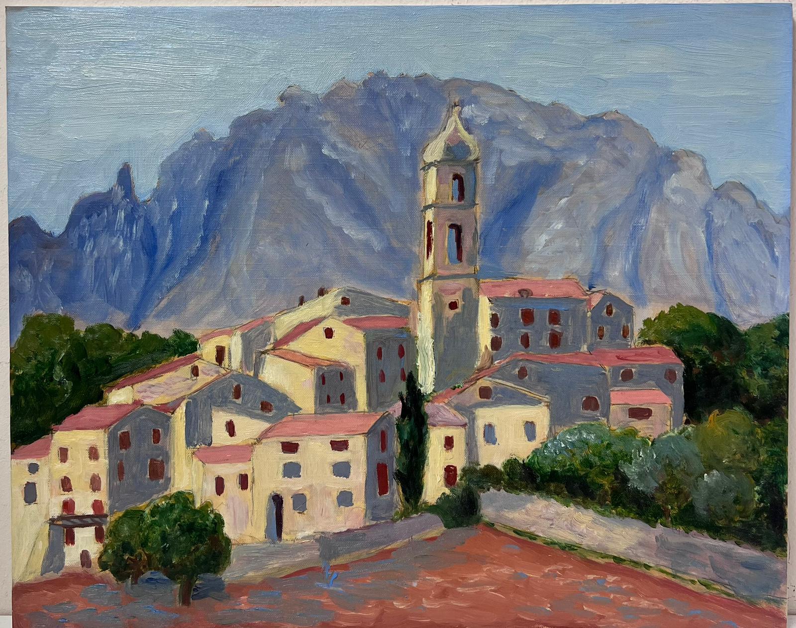 Huile Impressionniste Française Contemporaine Toit Rouge Clocher Village Paysage  en vente 1