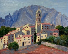 Contemporary French Impressionist Oil Red Roof Bell Tower Village Landscape 