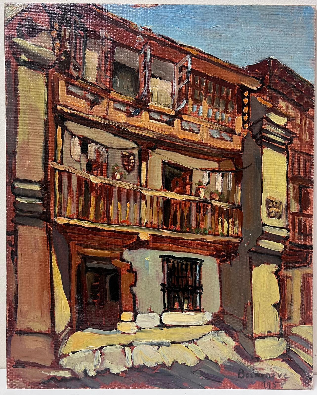 Huile impressionniste française contemporaine Bâtiment rouge de la Townes Maison Castiliane  - Impressionnisme Painting par Georges Bordonove