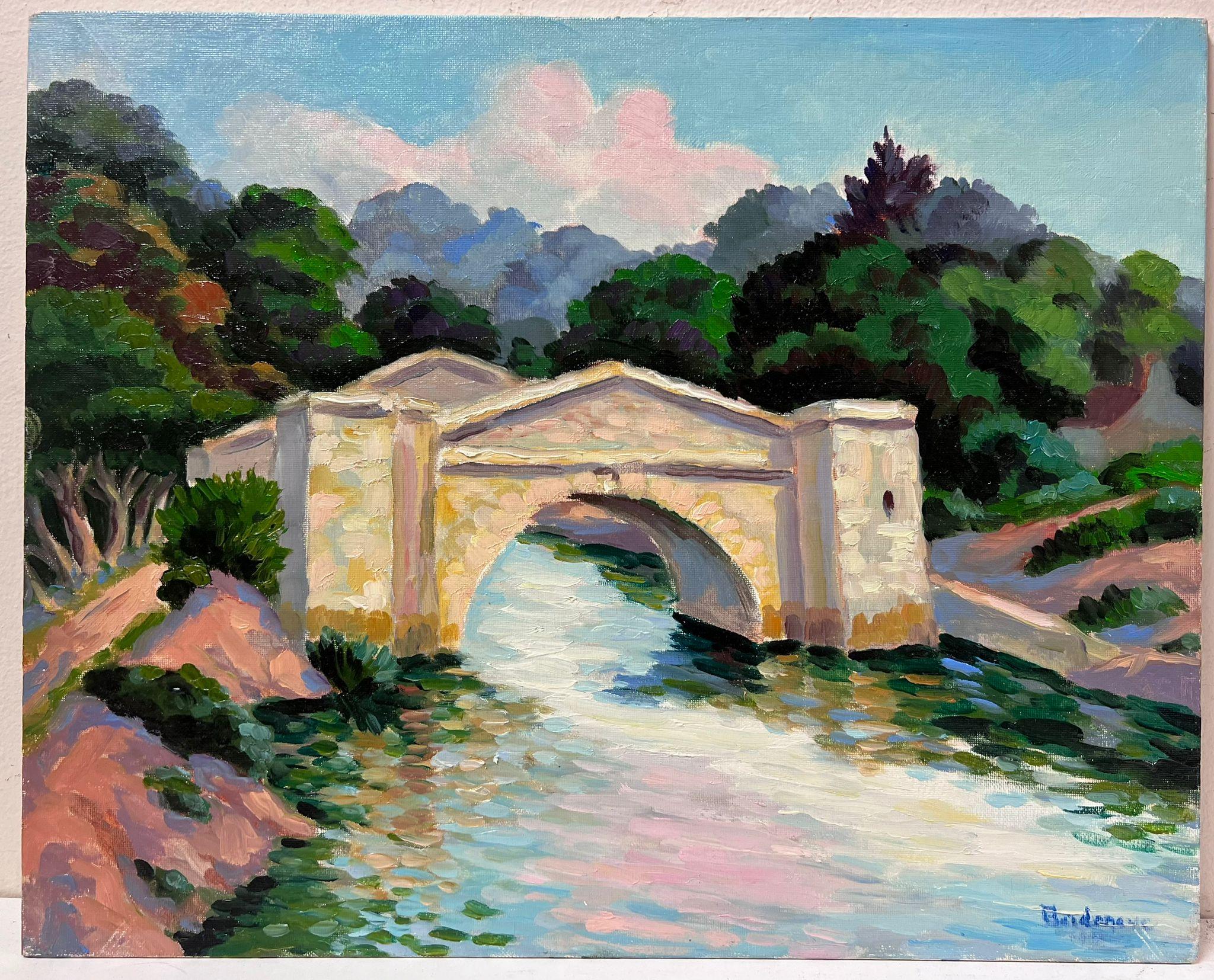 Huile impressionniste française contemporaine Rivière avec pont de pierre Sud de la France - Painting de Georges Bordonove