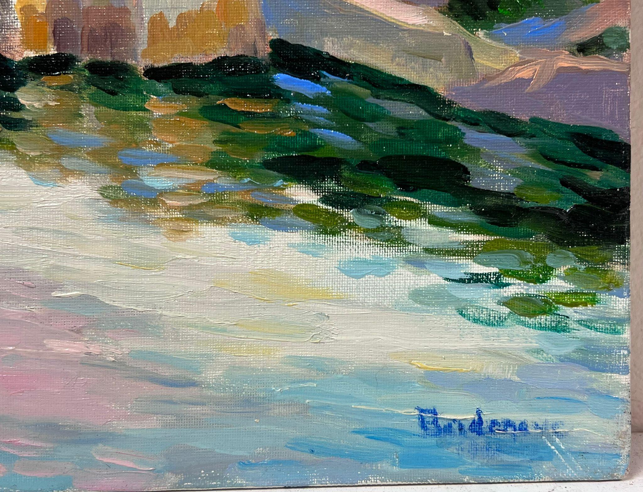 Contemporary French Impressionist Oil River with Stone Bridge South of France - Gray Landscape Painting by Georges Bordonove