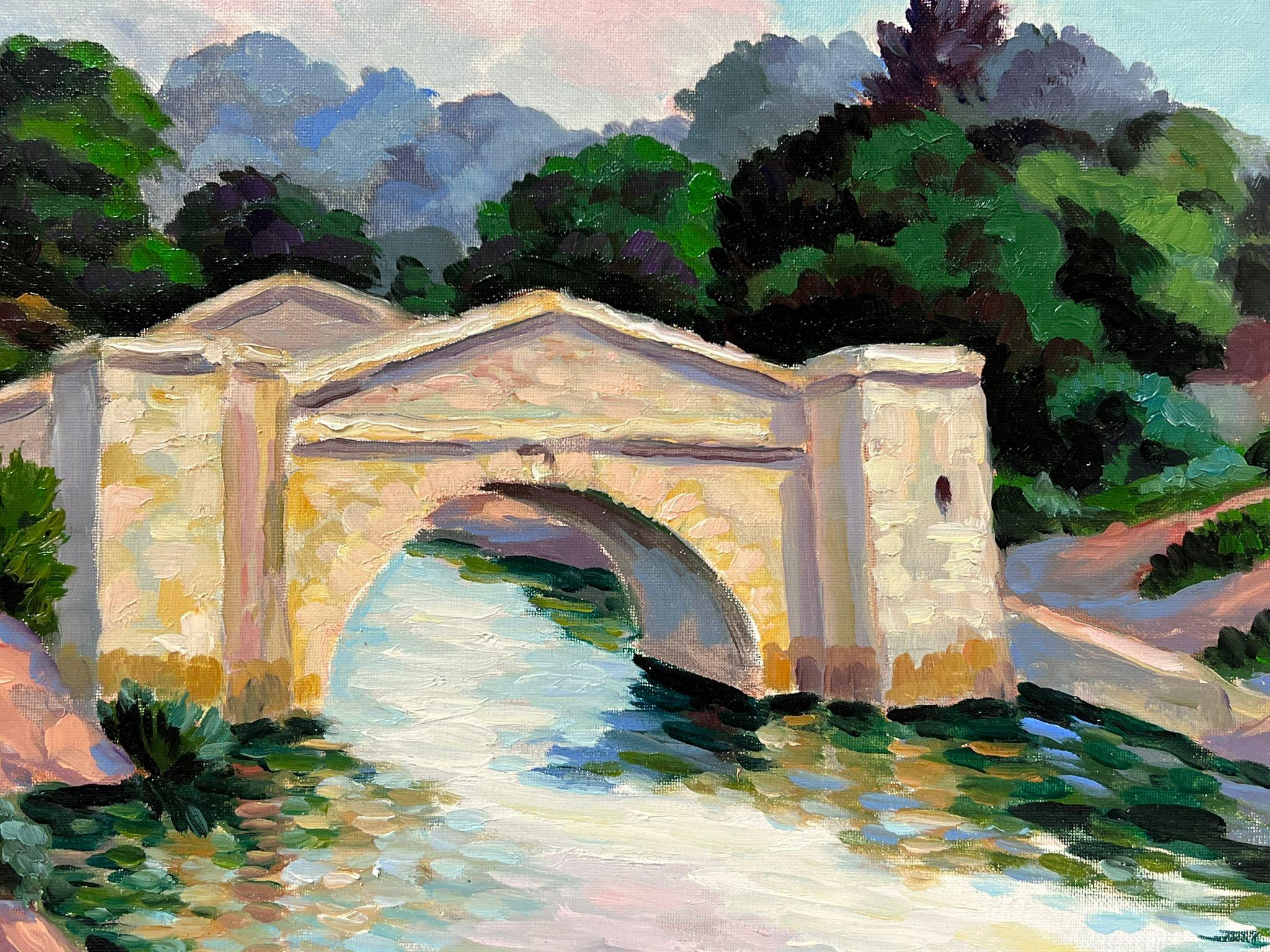 Huile impressionniste française contemporaine Rivière avec pont de pierre Sud de la France en vente 2