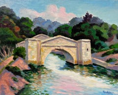 Huile impressionniste française contemporaine Rivière avec pont de pierre Sud de la France