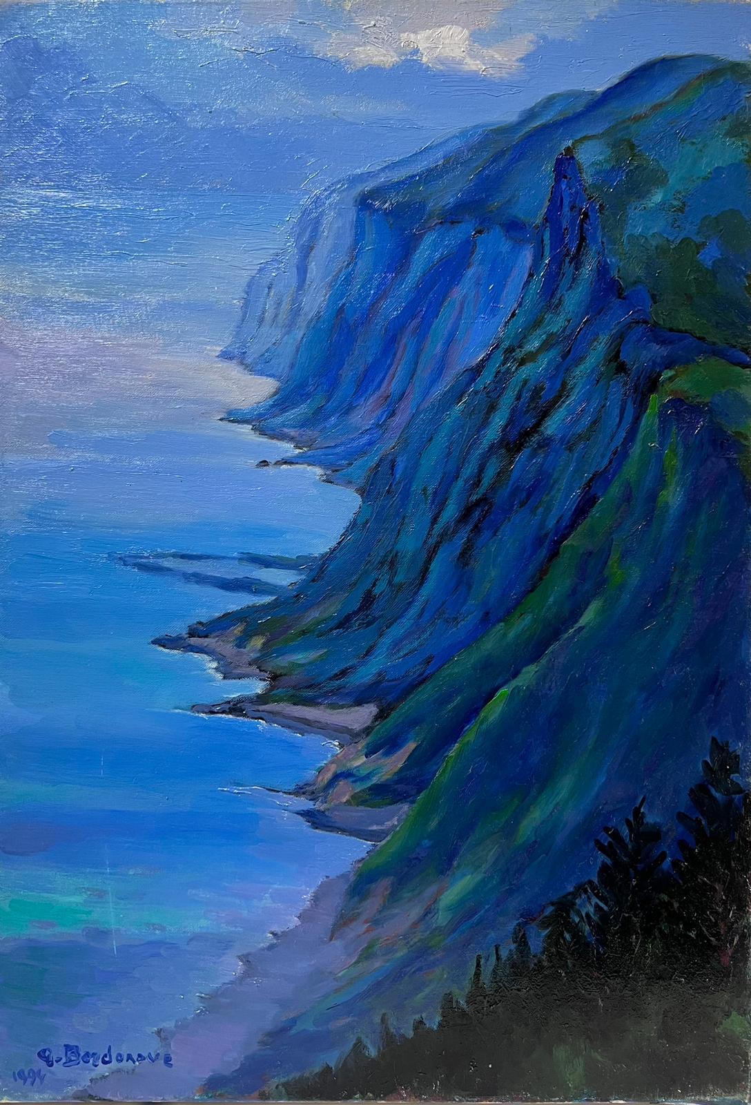 Huile Impressionniste Française Contemporaine Rocky Coastline Blue Seascape - Painting de Georges Bordonove