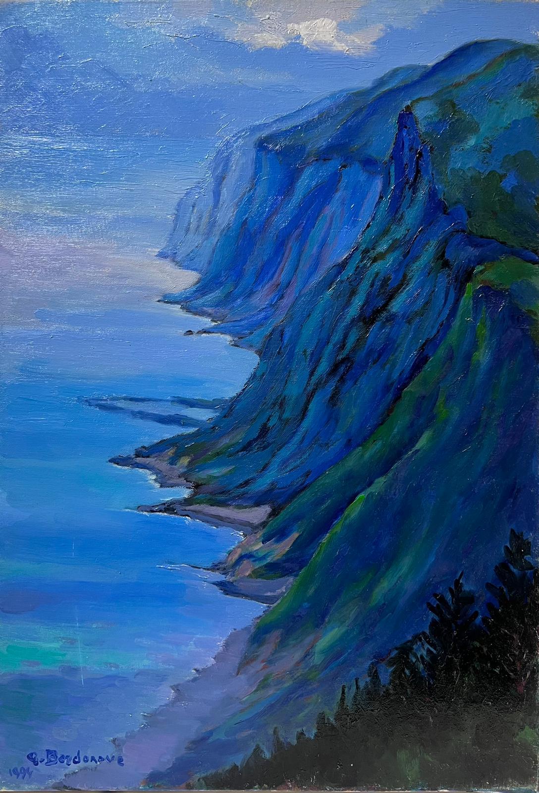 Óleo impresionista francés contemporáneo Paisaje marino azul de costa rocosa - Painting de Georges Bordonove