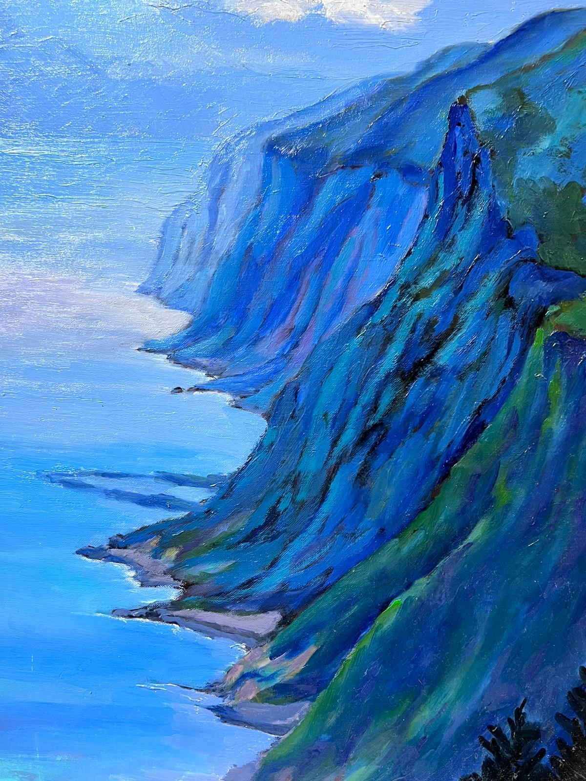 Óleo impresionista francés contemporáneo Paisaje marino azul de costa rocosa - Landscape Painting Azul de Georges Bordonove