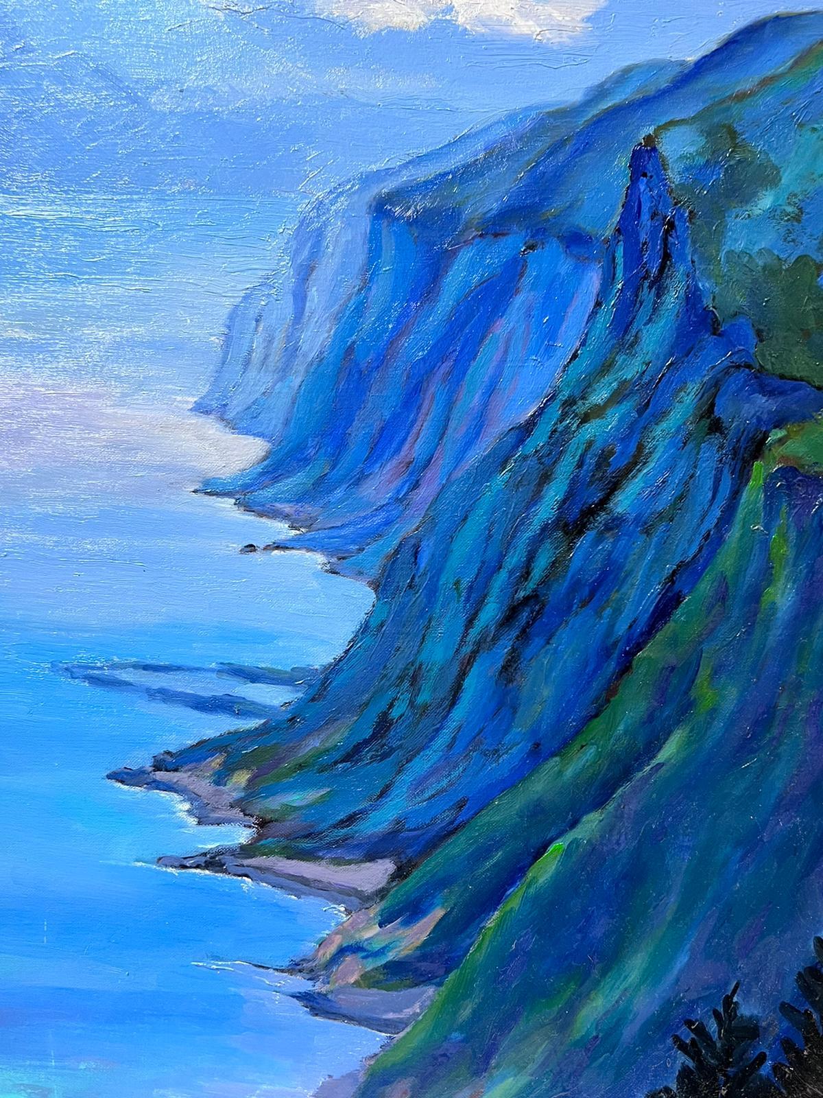 Huile Impressionniste Française Contemporaine Rocky Coastline Blue Seascape - Bleu Landscape Painting par Georges Bordonove