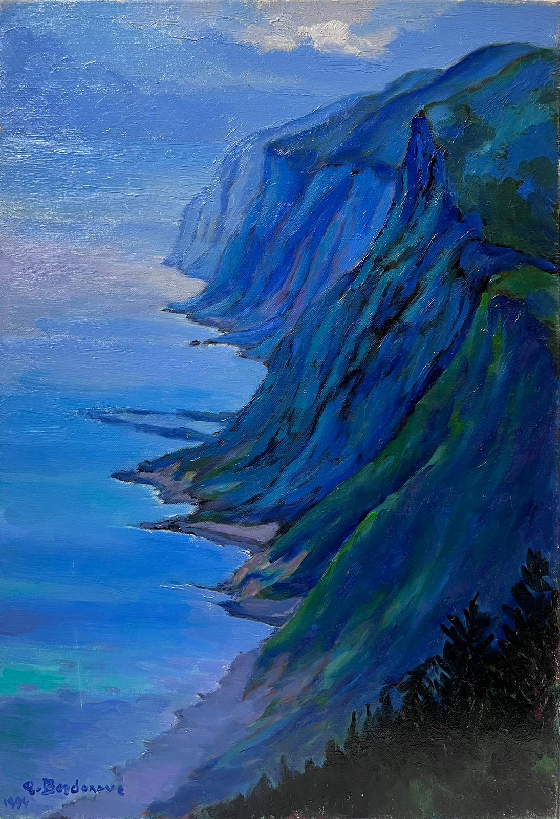 Landscape Painting Georges Bordonove - Huile Impressionniste Française Contemporaine Rocky Coastline Blue Seascape