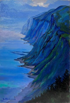 Vintage Contemporary French Impressionist Oil Rocky Coastline Blue Seascape