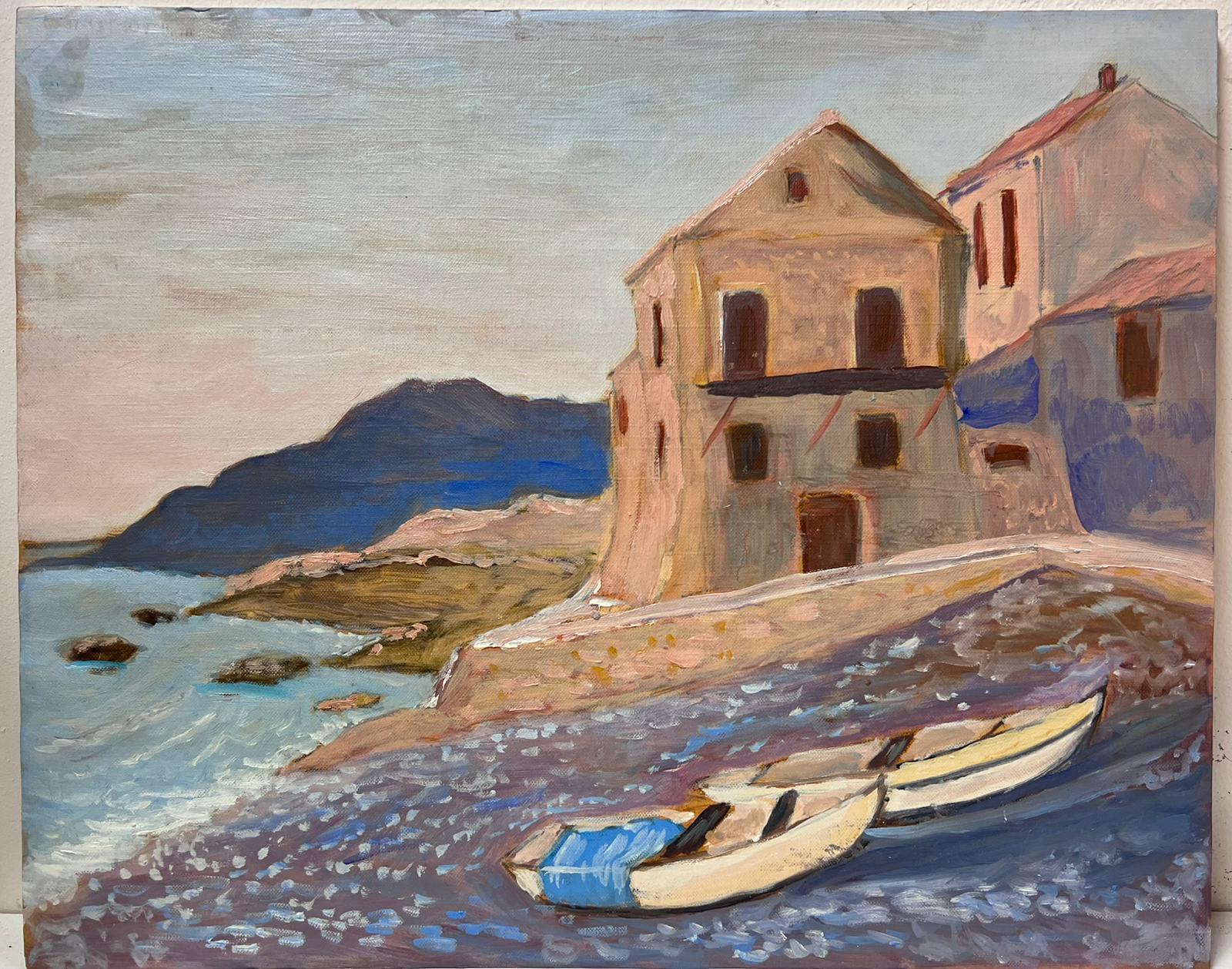 Contemporary French Impressionist Oil Rowing Boats Waiting On The Bay - Painting by Georges Bordonove