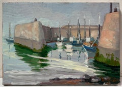 Contemporary French Impressionist Oil Sailing Boats Moored in French Harbor