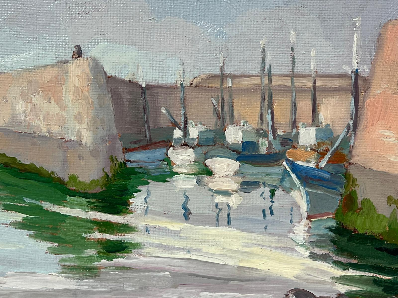 Contemporary French Impressionist Oil Sailing Boats Moored in French Harbor For Sale 1