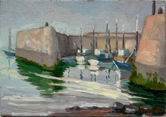 Contemporary French Impressionist Oil Segelboote vertäut im französischen Hafen