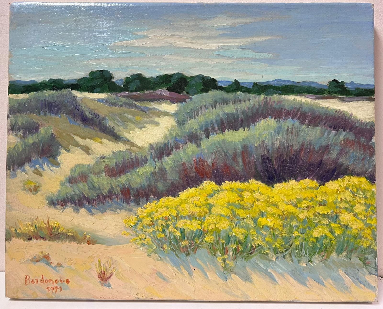 Contemporary French Impressionist Oil Sand Dunes Yellow Flowers Beach 1991 - Painting by Georges Bordonove