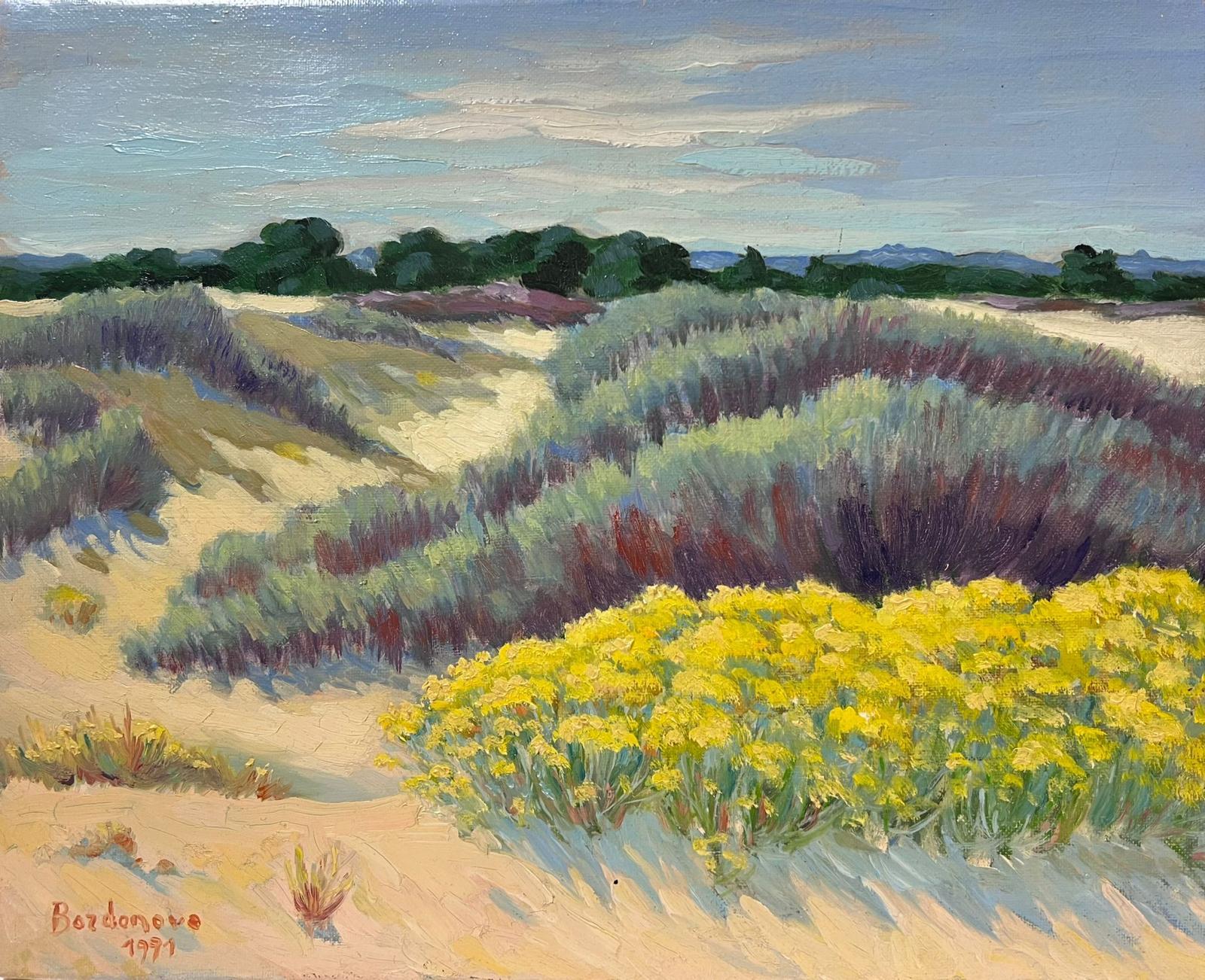Georges Bordonove Landscape Painting - Contemporary French Impressionist Oil Sand Dunes Yellow Flowers Beach 1991