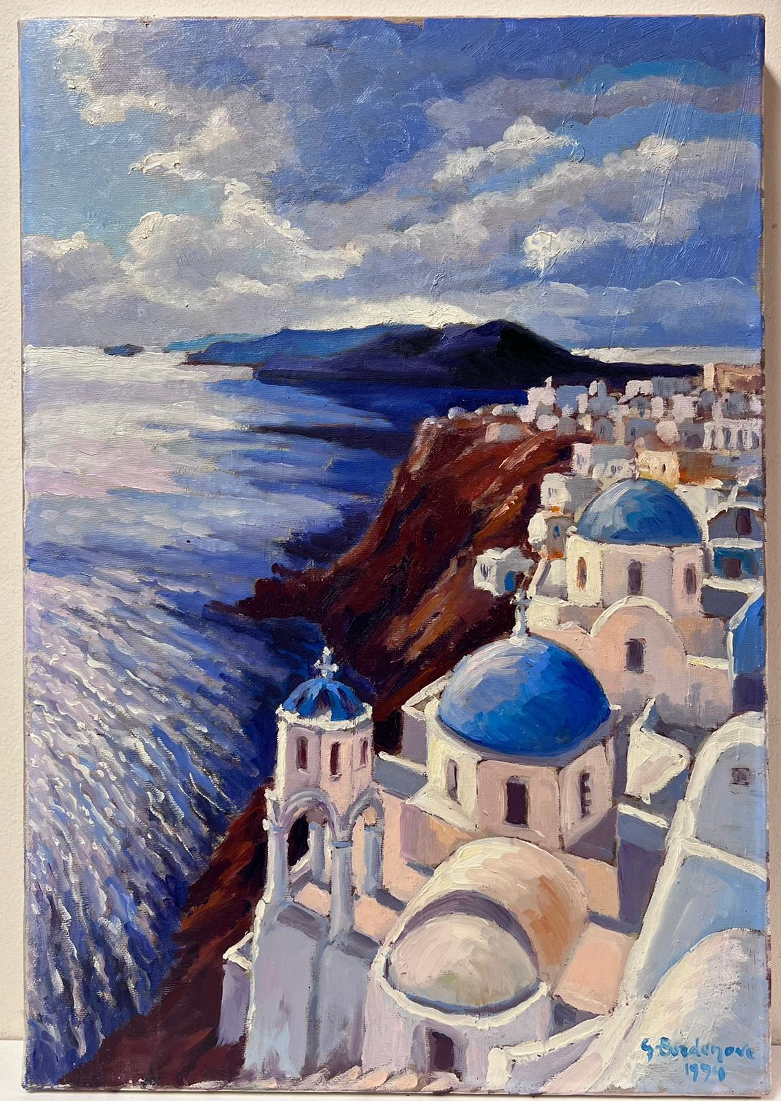Contemporary French Impressionist Oil Santorini Blue Roof's Sea Landscape - Painting by Georges Bordonove