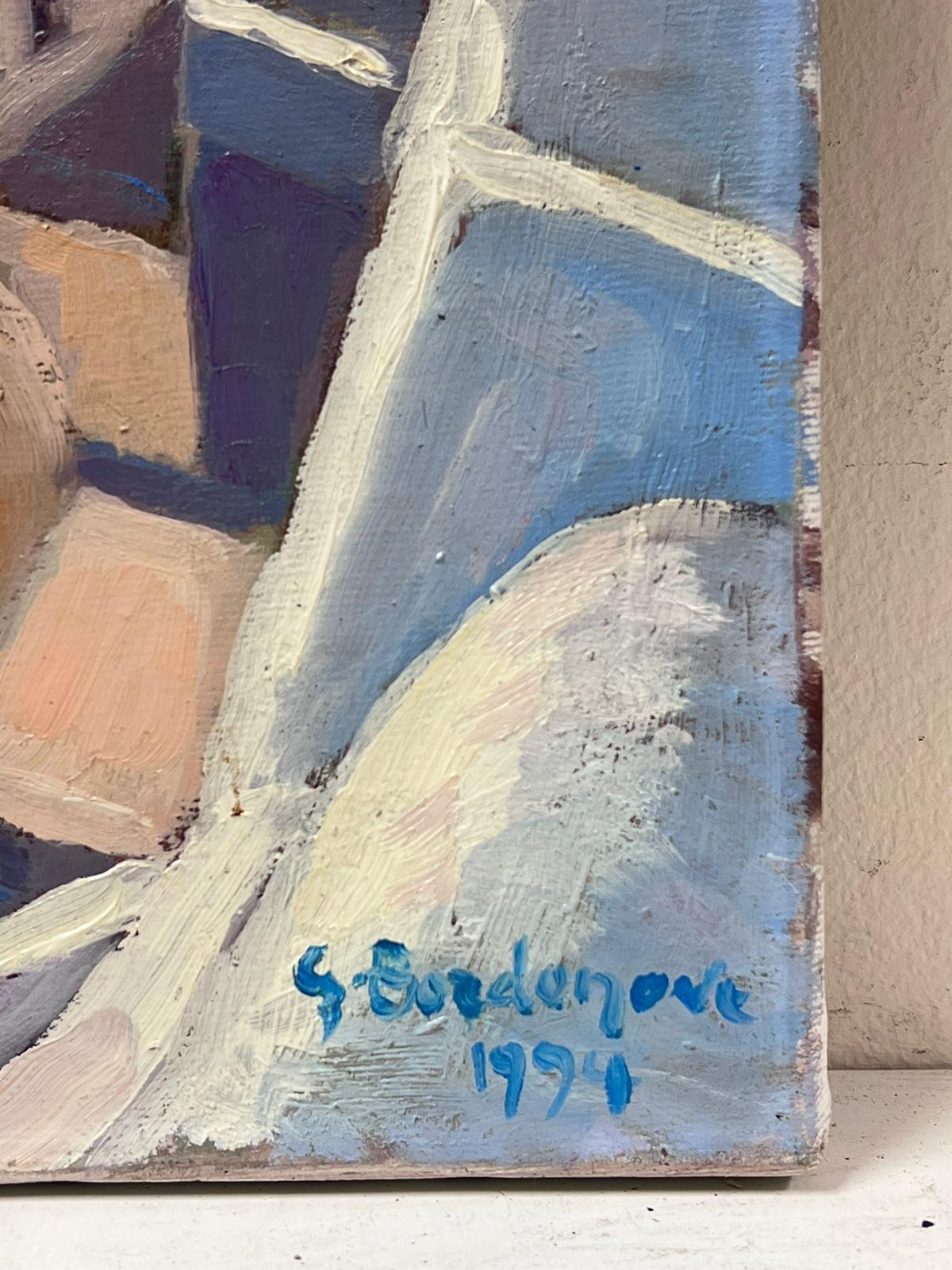 Santorini 
by Georges Bordonave (French contemporary) 
dated 1994
signed oil painting on canvas, unframed
canvas: 21.75 x 15 inches
condition: very good
provenance: from a large private collection of this artists work, western Paris, France. 