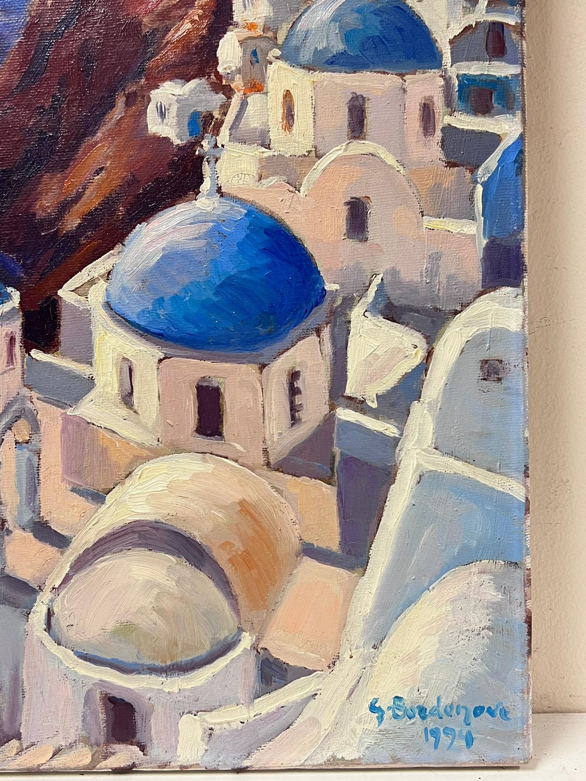 Contemporary French Impressionist Oil Santorini Blue Roof's Sea Landscape 2