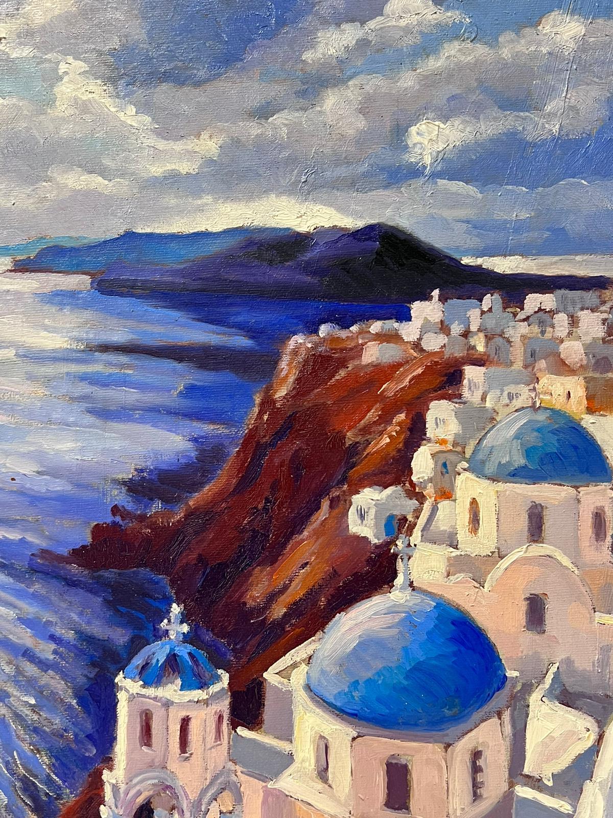 Contemporary French Impressionist Oil Santorini Blue Roof's Sea Landscape 3