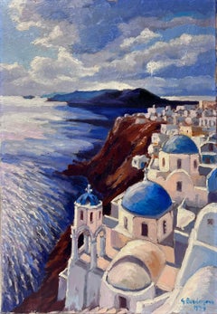 Vintage Contemporary French Impressionist Oil Santorini Blue Roof's Sea Landscape