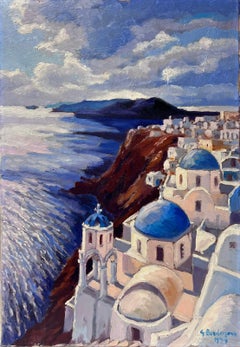 Huile impressionniste française contemporaine Paysage de la mer de Santorin au toit bleu