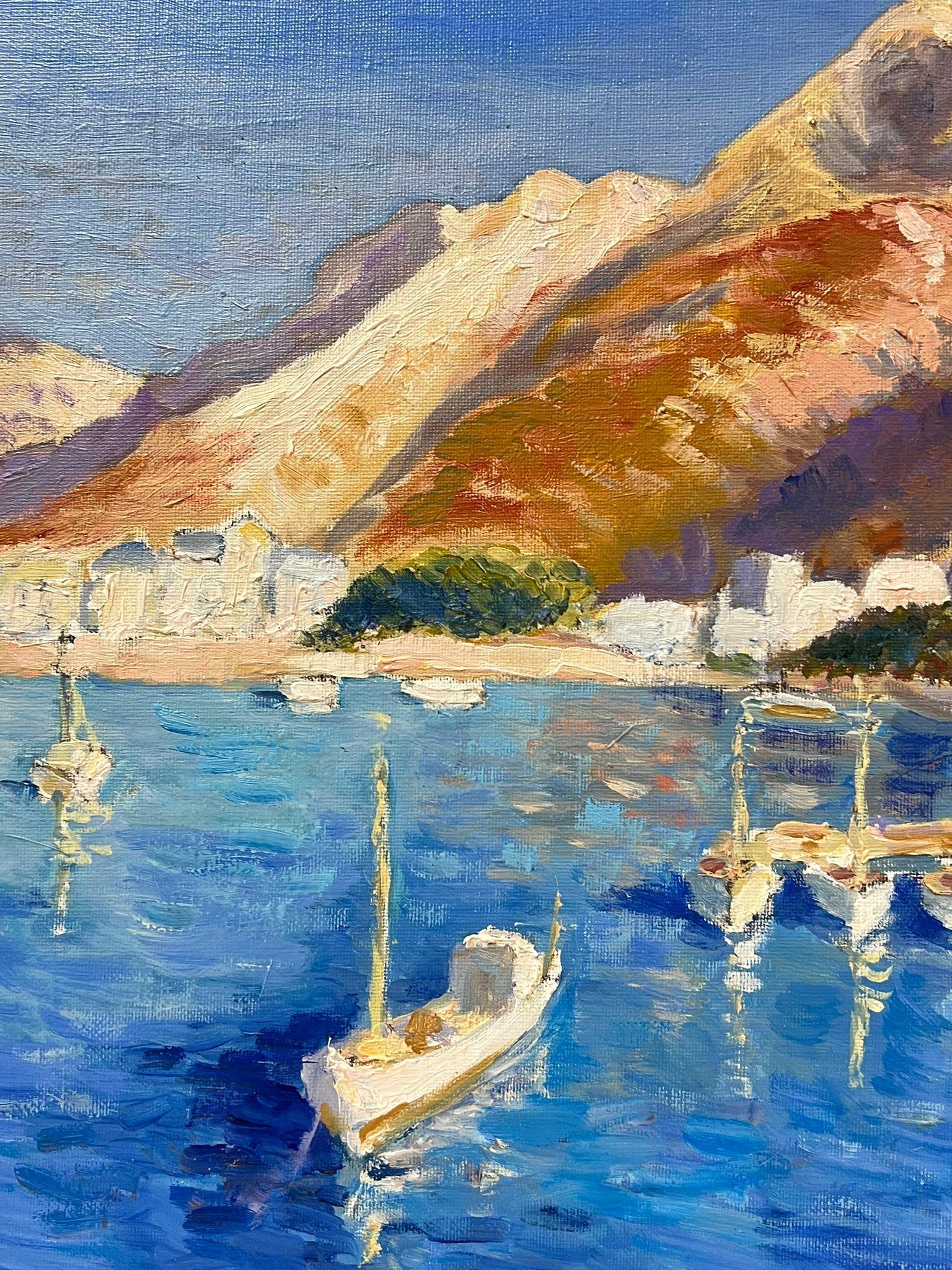 Huile impressionniste française contemporaine Port côtier ensoleillé du sud de la France - Painting de Georges Bordonove