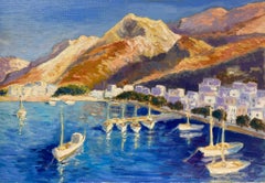 Huile impressionniste française contemporaine Port côtier ensoleillé du sud de la France