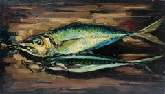 Olio impressionista francese contemporaneo Natura morta Pesce sul tavolo