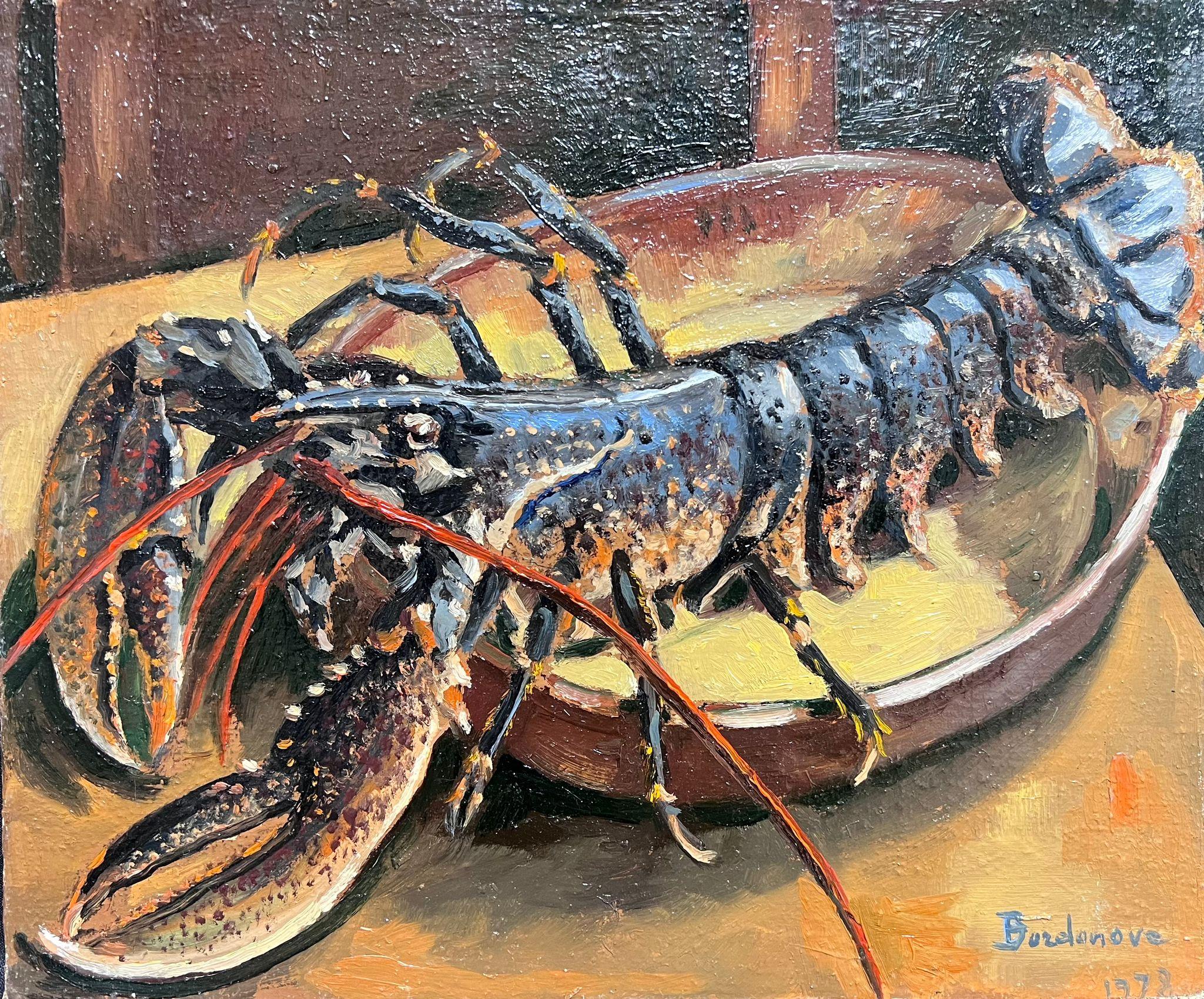 Nature morte à l'huile impressionniste française contemporaine représentant un homard