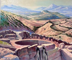 Huile impressionniste française contemporaine Puits en pierre dans un paysage de montagne