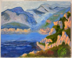 Contemporary French Impressionist Oil Sun Scorched Cliffs over Blue Seascape