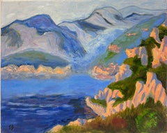 Huile impressionniste française contemporaine Falaises brûlées par le soleil sur fond de mer bleue