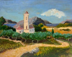 Contemporary French Impressionist Oil Sunny Coastal Path Church Landscape