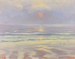 Vintage Contemporary French Impressionist Oil Sunrise over Sea, framed painting