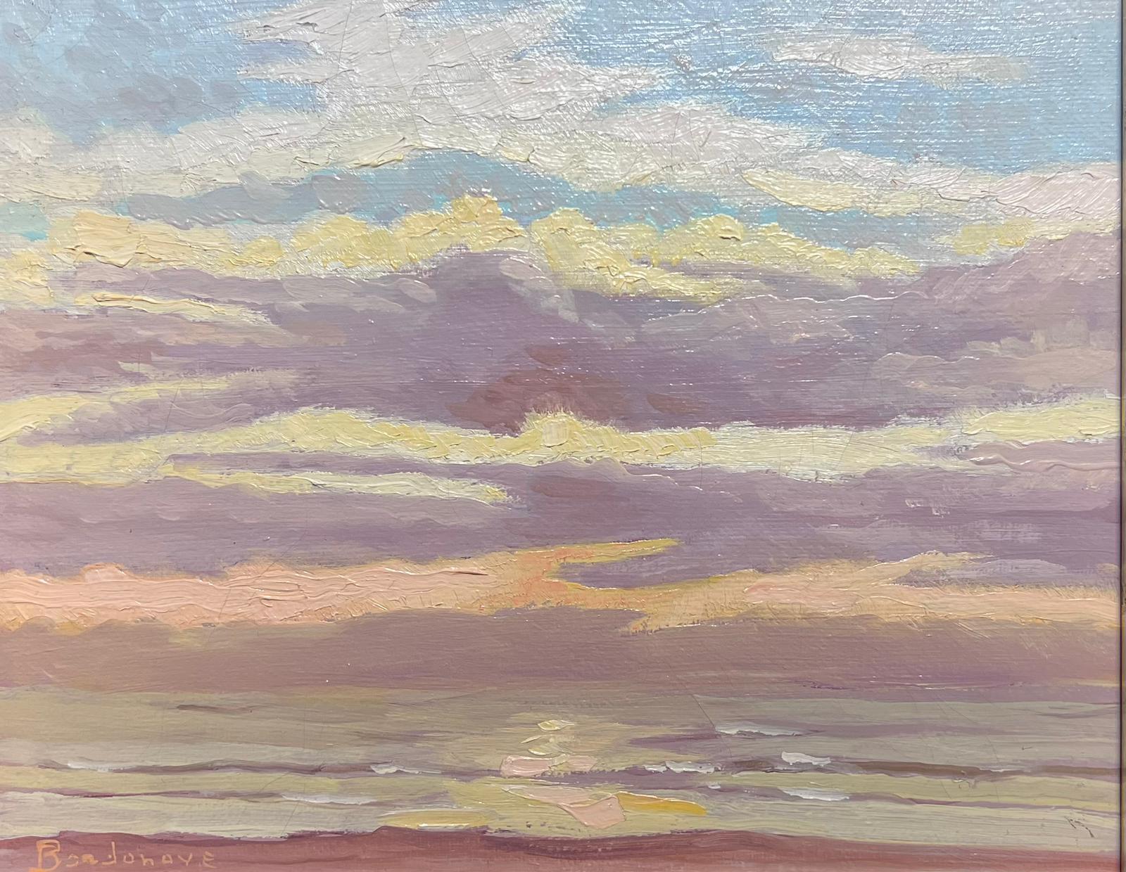 Huile impressionniste française contemporaine Coucher de soleil Nuages sur mer et plage - Painting de Georges Bordonove