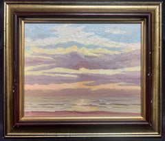 Olio impressionista francese contemporaneo Tramonto con nuvole sul mare e spiaggia