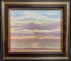 Retro Contemporary French Impressionist Oil Sunset Clouds over Sea & Beach