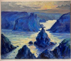 Contemporary French Impressionist Oil Sunset over Coastal Cliffs Rocky Seascape