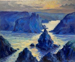 Huile impressionniste française contemporaine Coucher de soleil sur les falaises côtières Paysage marin rocheux