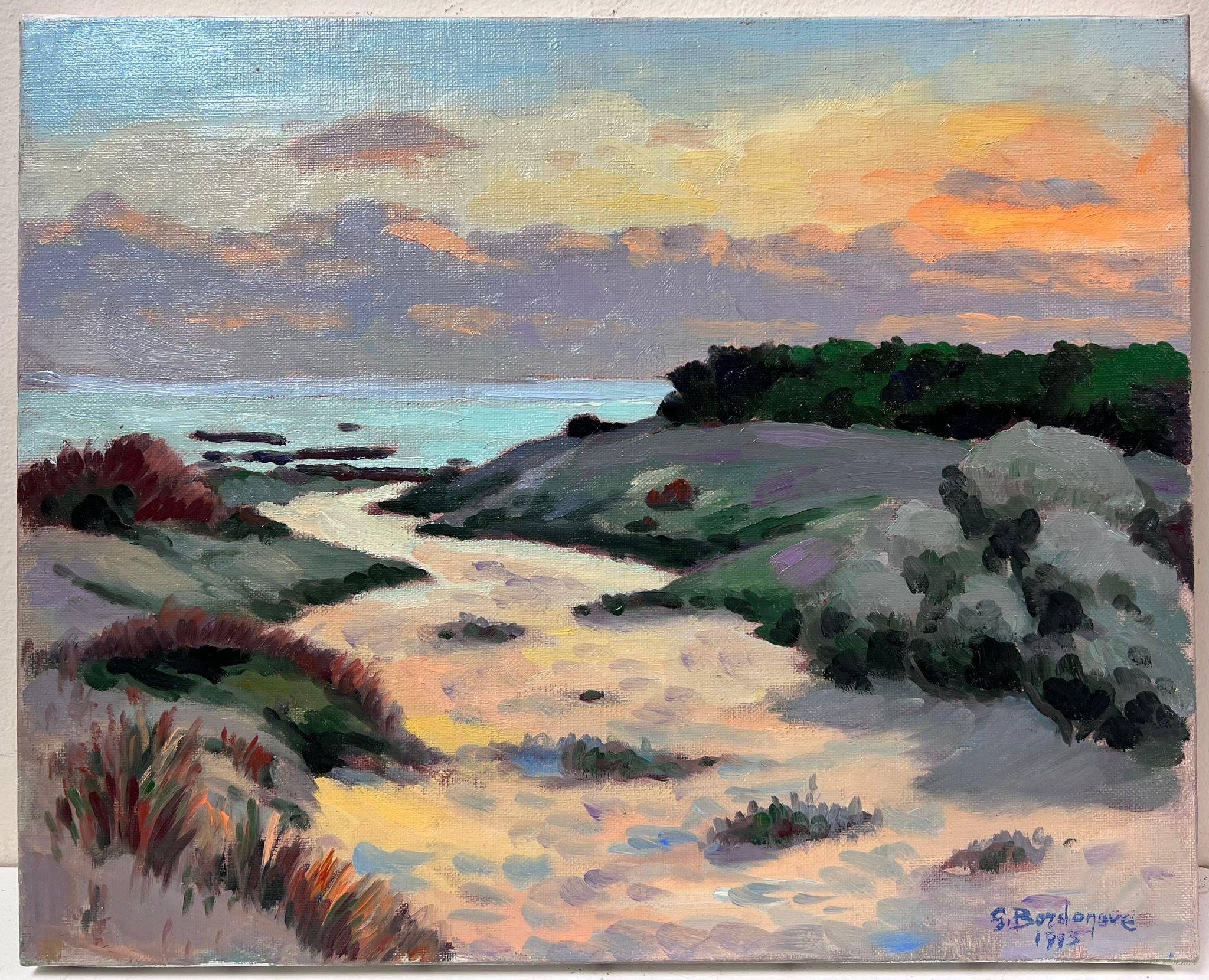 Contemporary French Impressionist Oil Sunset over Sea Sand Dunes Beach Pathway - Painting by Georges Bordonove