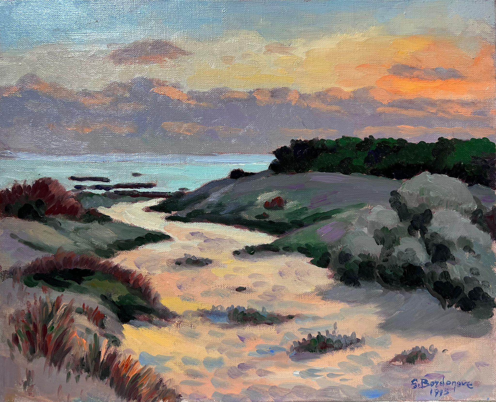 Huile impressionniste française contemporaine Coucher de soleil sur la mer Dunes de sable Sentier de plage