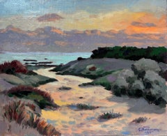 Vintage Contemporary French Impressionist Oil Sunset over Sea Sand Dunes Beach Pathway