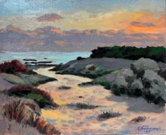 Óleo Impresionista Francés Contemporáneo Puesta de Sol sobre Dunas de Arena de Mar Camino de Playa