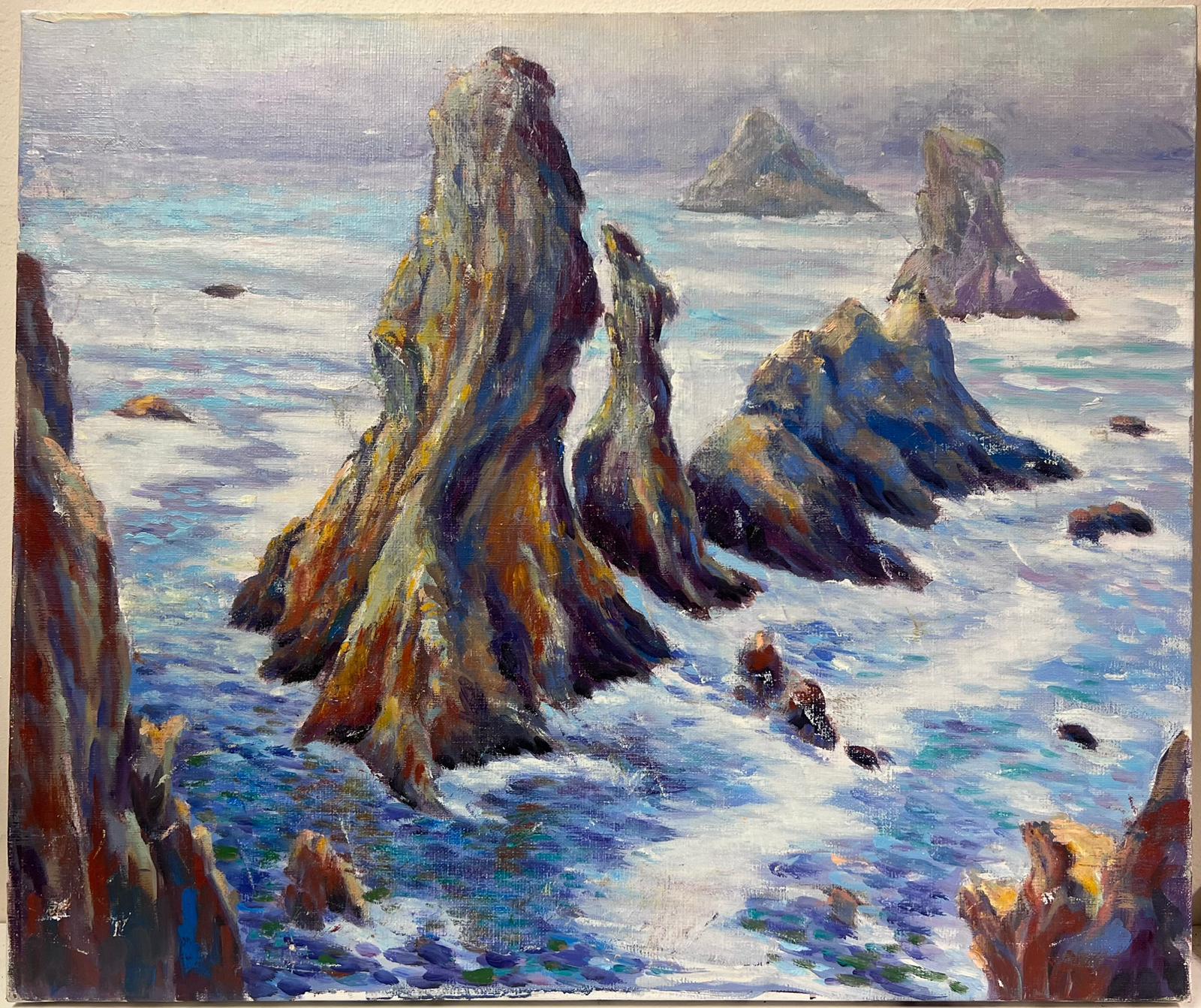 Contemporary French Impressionist Oil Tall Rocks Crashing Waves Seascape - Painting by Georges Bordonove