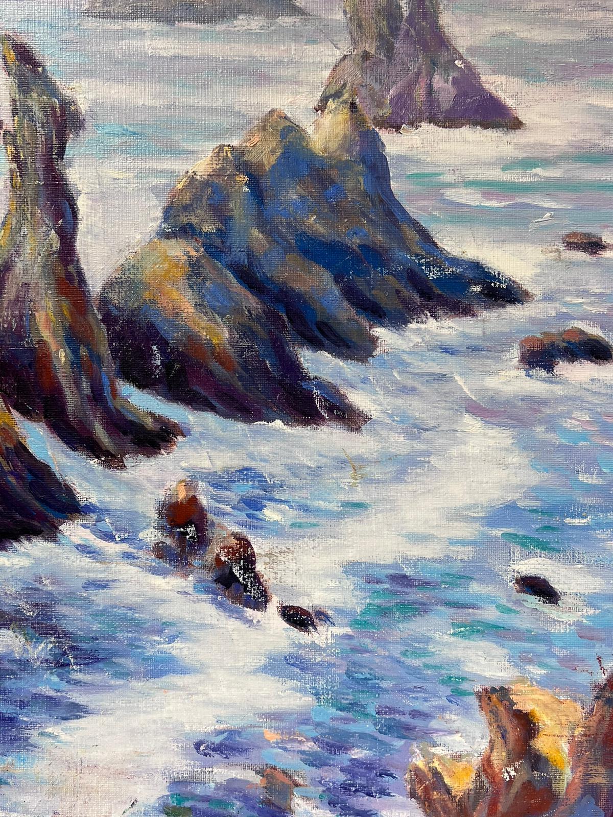 Contemporary French Impressionist Oil Tall Rocks Crashing Waves Seascape - Gray Landscape Painting by Georges Bordonove